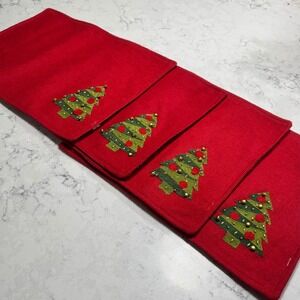 Domain Red Wool Christmas Tree Placemat Set of 4 Beaded 13‎ x 19 Appliquéd